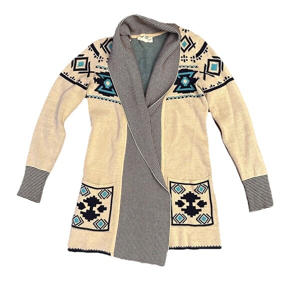 If It Were Me Open Cardigan Sweater Womens Size S Brown Blue Aztec 100% Cotton - Picture 1 of 10